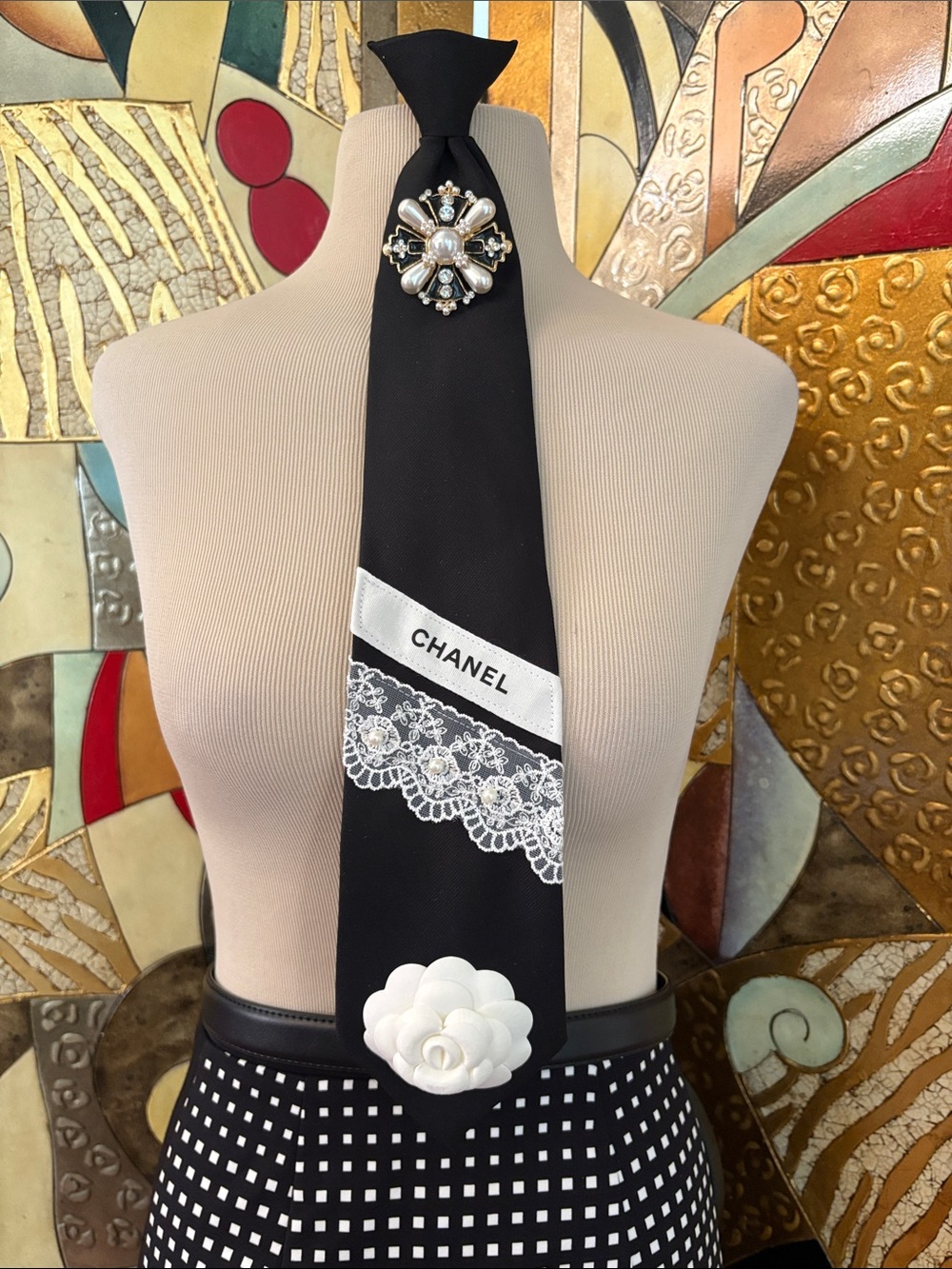 Black and White Upcycled Silk Necktie with Ribbon & Camellia, Lace and Brooch.